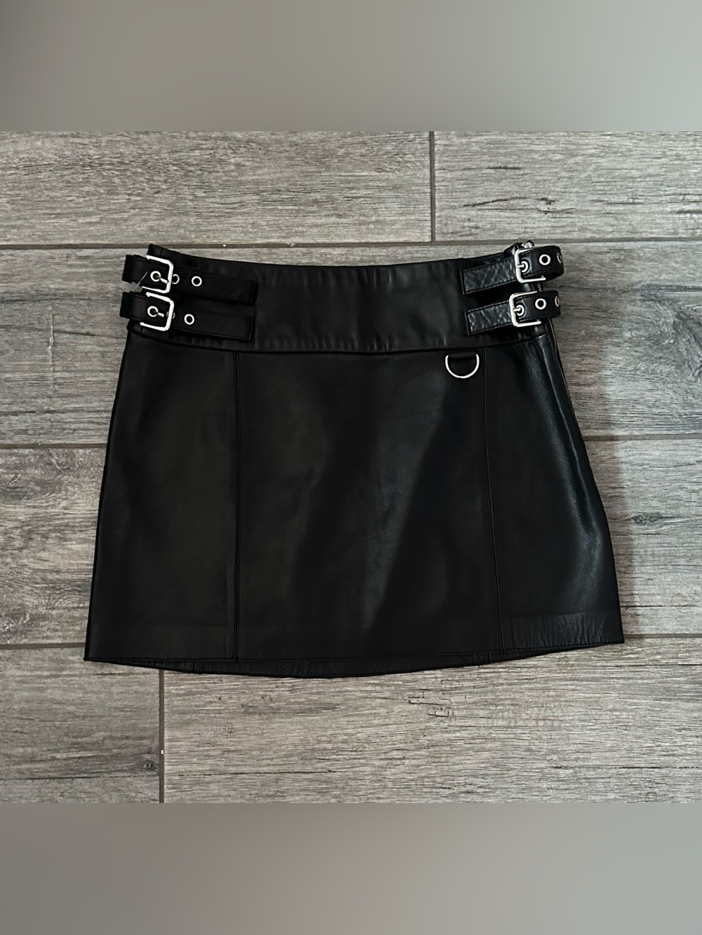 ZARA Genuine Real Leather Mini Skirt Silver Side Buckles Black